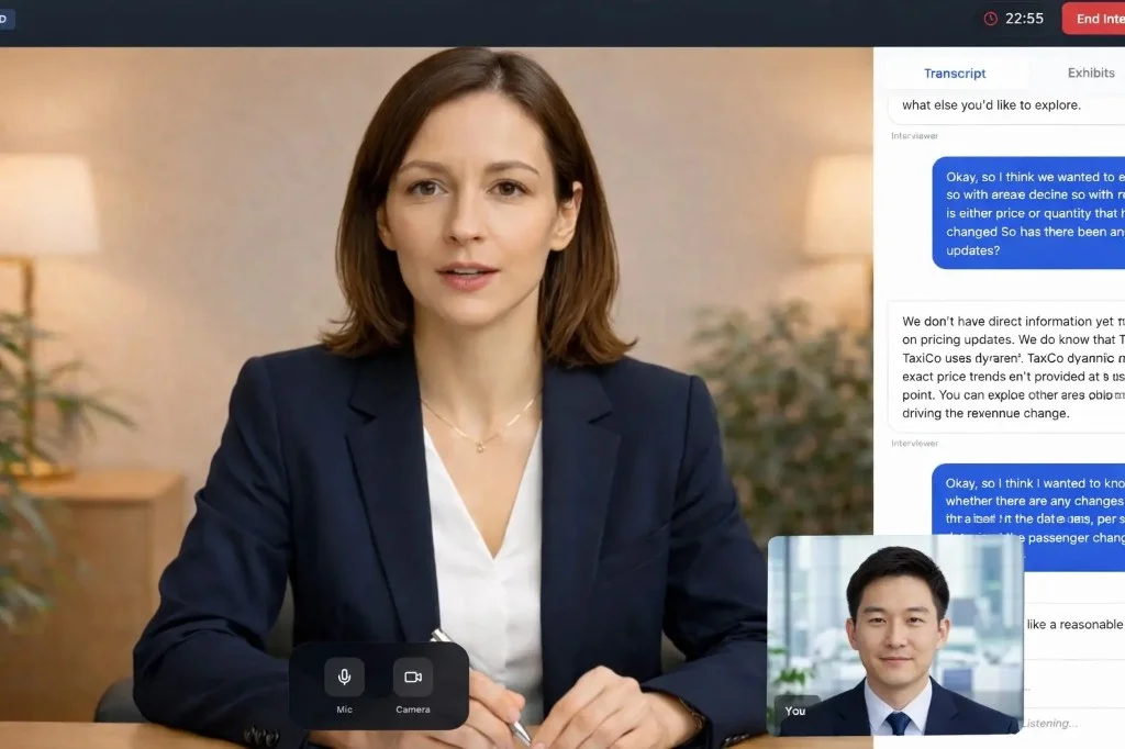 CaseWithAI interview experience with AI interviewer video and live transcript